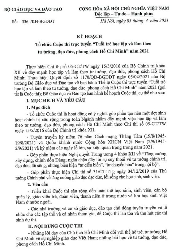 Kế hoạch Tổ chức Cuộc thi Tuổi trẻ học tập và làm theo tư tưởng, đạo đức, phong cách Hồ Chí Minh năm 2021 - Trang 1