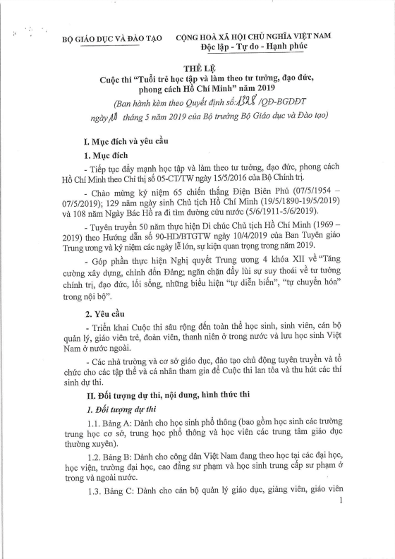 Thể lệ Cuộc thi “Tuổi trẻ học tập và làm theo tư tưởng, đạo đức, phong cách Hồ Chí Minh” năm 2019 - Trang 1