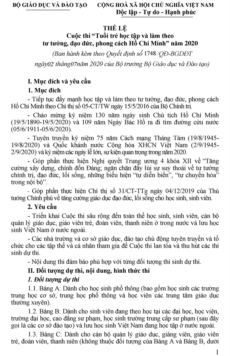 Thể lệ Cuộc thi “Tuổi trẻ học tập và làm theo tư tưởng, đạo đức, phong cách Hồ Chí Minh” năm 2020 - Trang 1