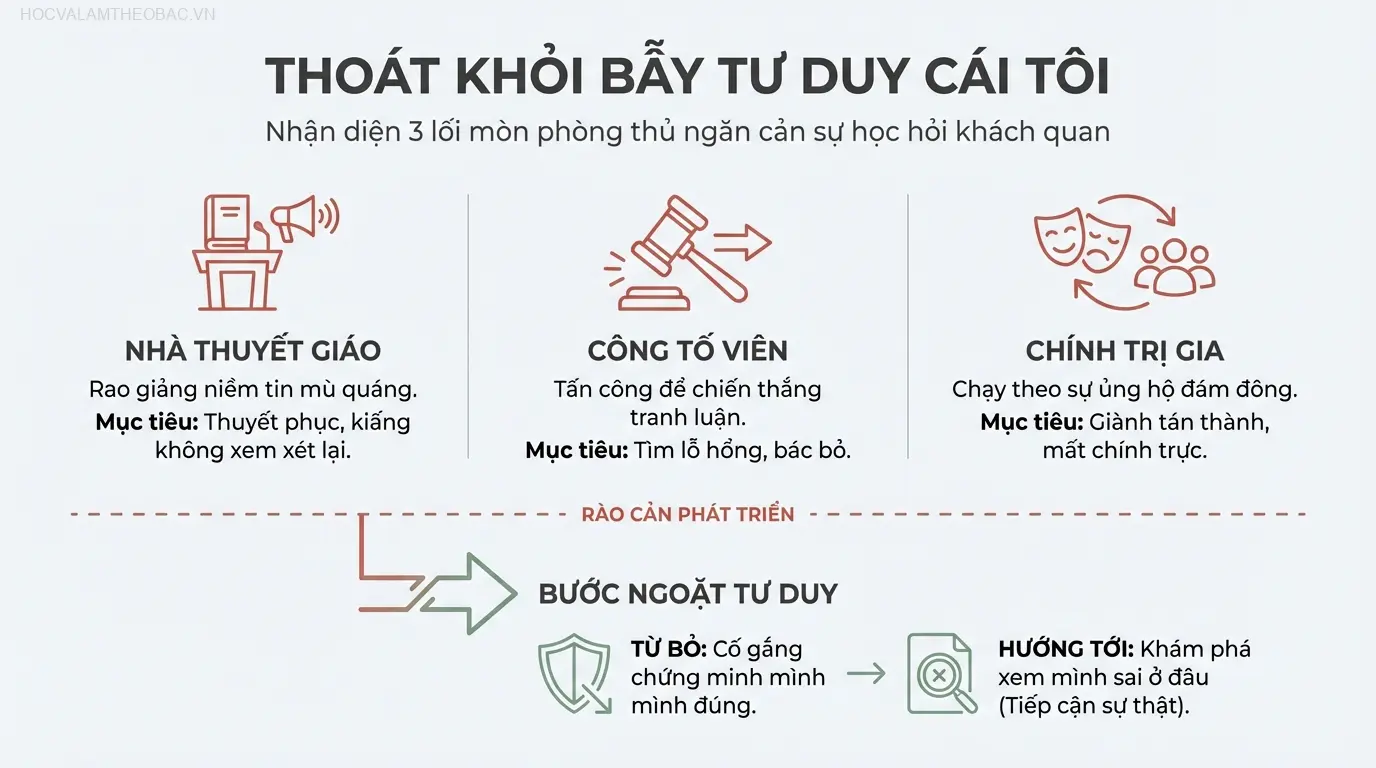 Ba lối mòn tư duy – Nhà thuyết giáo, Công tố viên, và Chính trị gia – cản trở khả năng học hỏi và tiếp cận sự thật một cách khách quan.