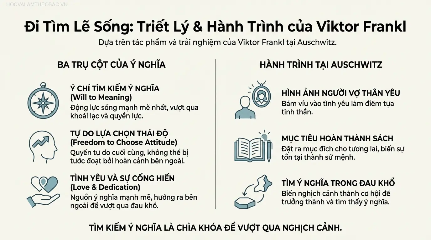 Ba trụ cột của “Đi Tìm Lẽ Sống”: Ý chí tìm kiếm ý nghĩa, tự do lựa chọn thái độ, và tình yêu là mục đích tối thượng.