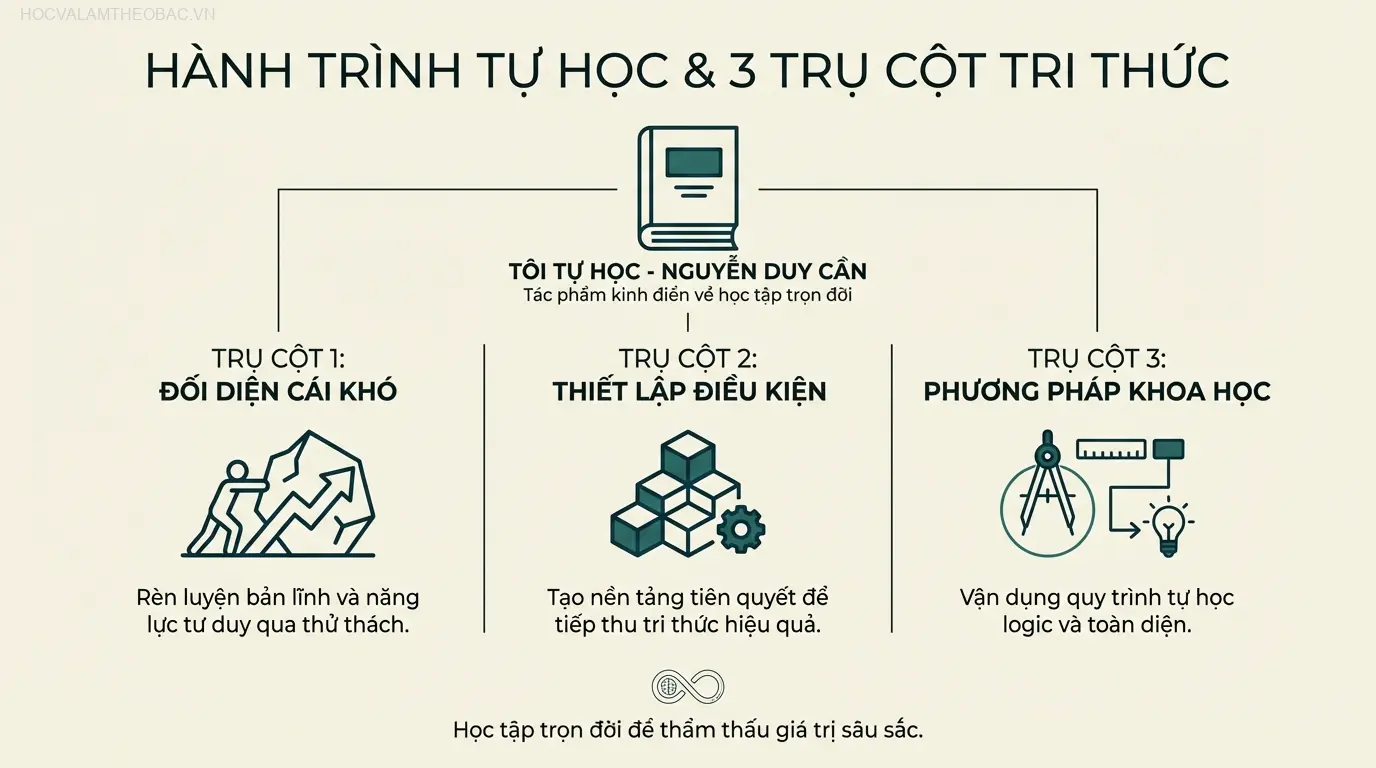 Ba trụ cột tri thức trong “Tôi Tự Học” tạo thành một hệ thống vững chắc, bắt đầu từ việc đối diện thử thách đến việc áp dụng phương pháp luận khoa học.