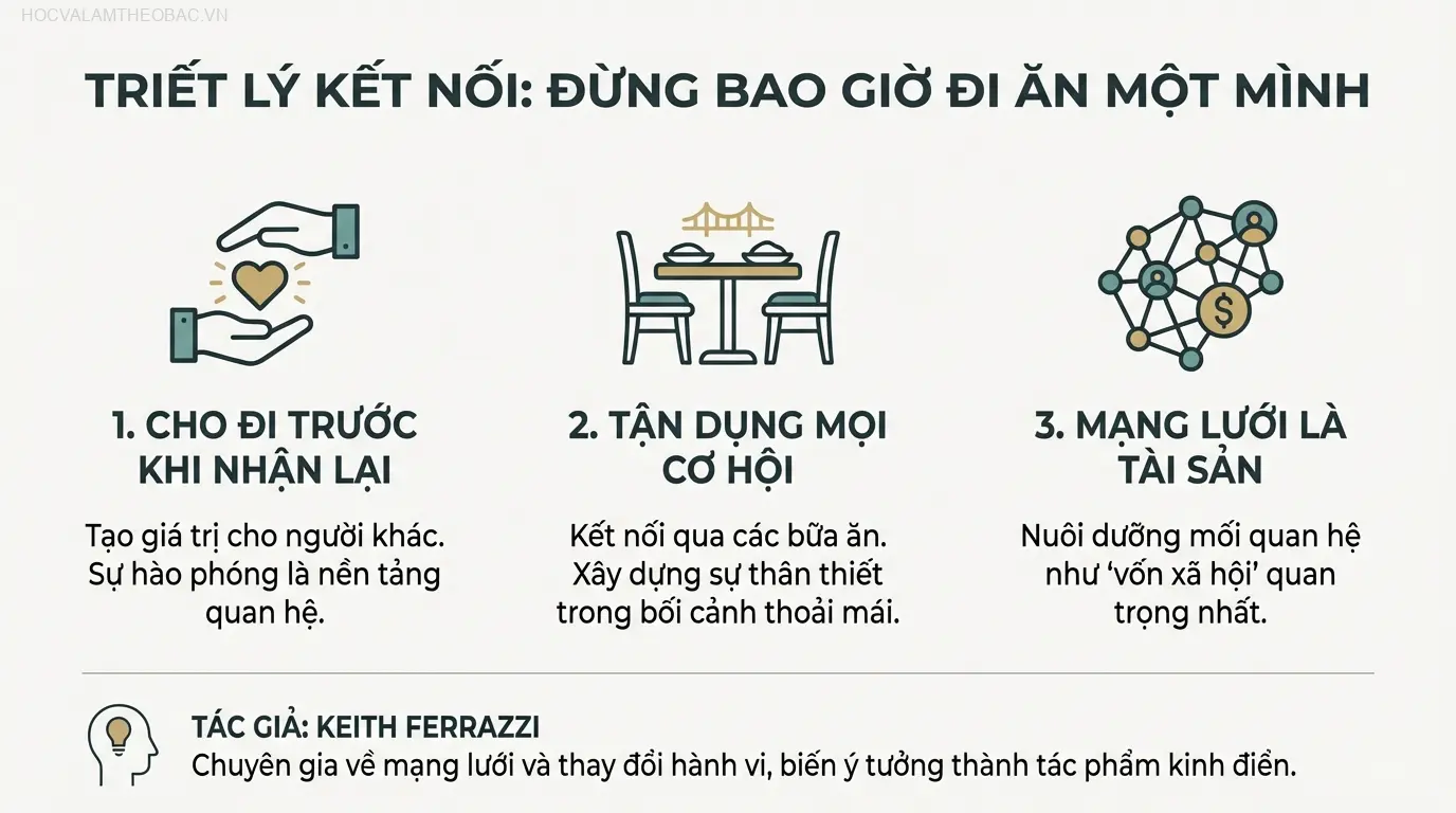 Ba trụ cột triết lý của “Đừng Bao Giờ Đi Ăn Một Mình” nhấn mạnh sự hào phóng, tận dụng cơ hội và coi mạng lưới quan hệ là tài sản quý giá nhất.