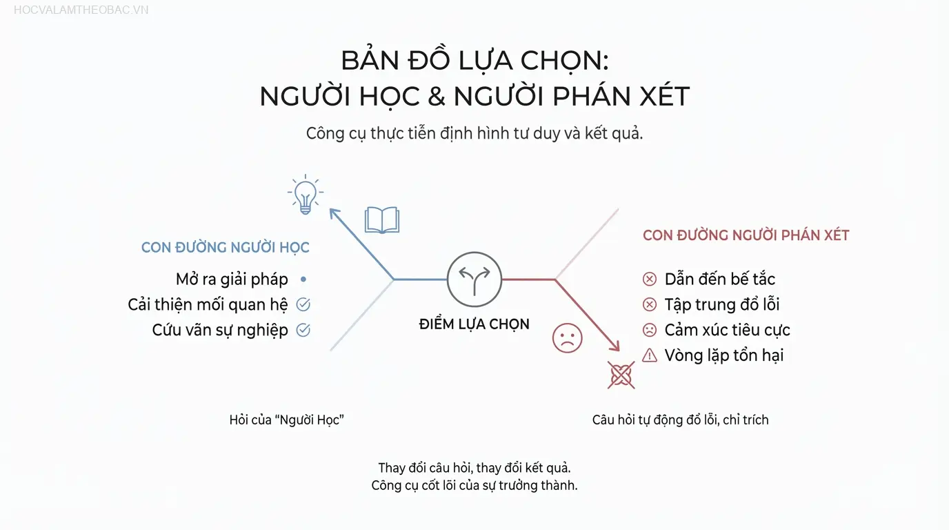 Bản Đồ Lựa Chọn là công cụ trực quan giúp nhận diện hai con đường tư duy: Con đường Người Phán Xét dẫn đến bế tắc và Con đường Người Học mở ra giải pháp.