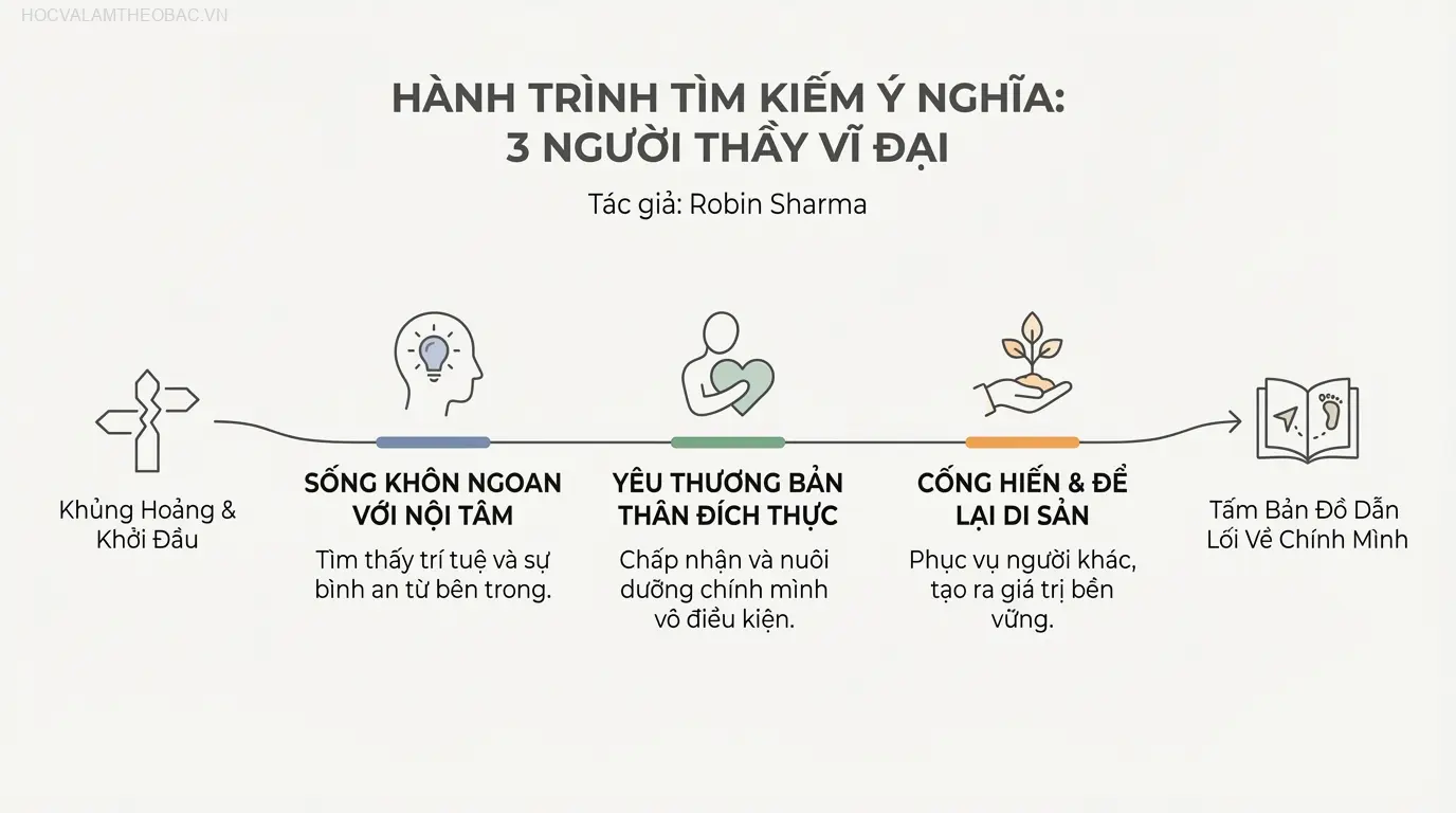 Bìa sách “3 Người Thầy Vĩ Đại” của tác giả Robin Sharma, một câu chuyện ngụ ngôn hiện đại về hành trình tìm kiếm ý nghĩa cuộc sống.
