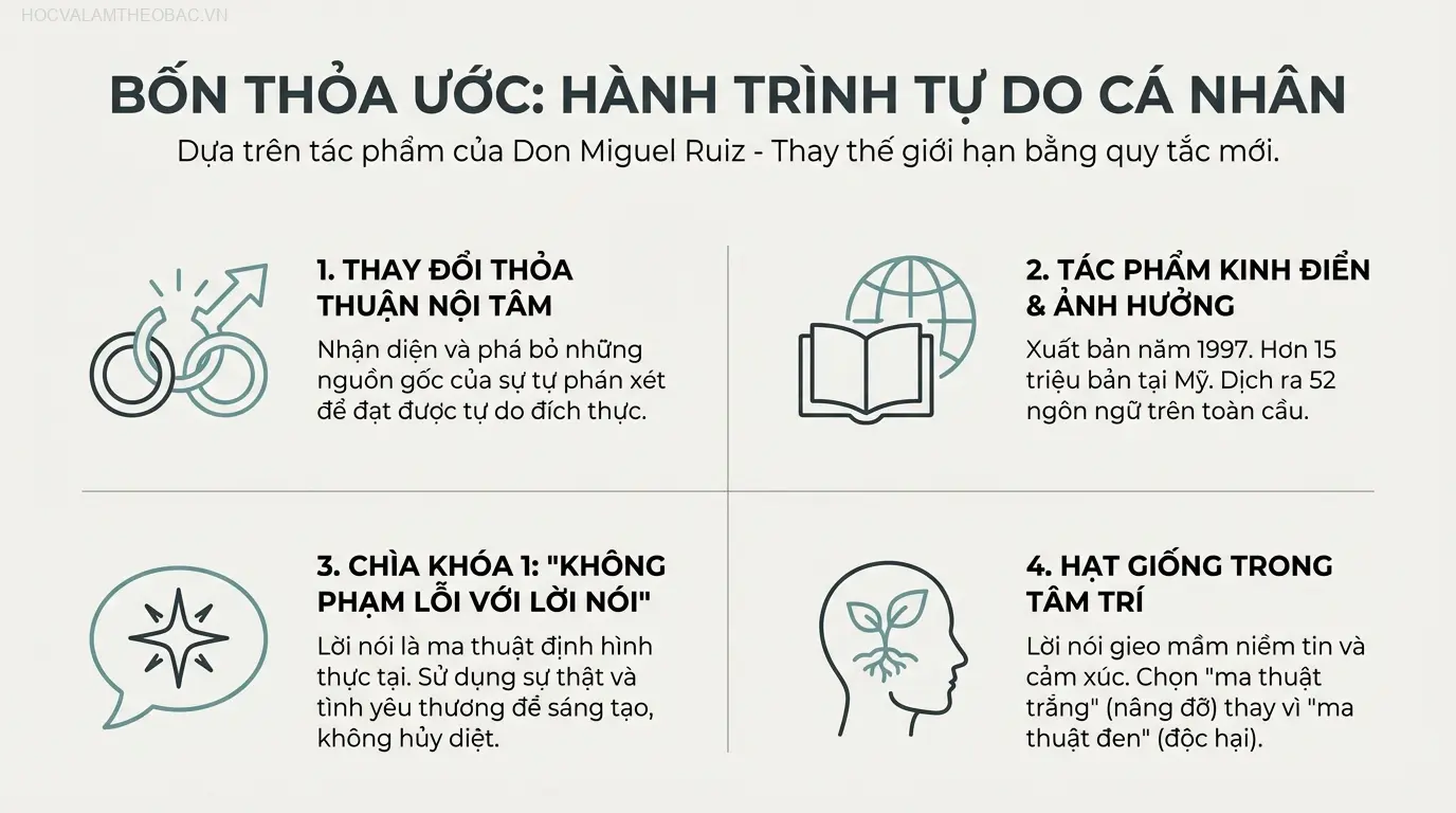 Bìa sách “Bốn Thỏa Ước” của tác giả Don Miguel Ruiz, một tác phẩm kinh điển về sự tự do cá nhân.