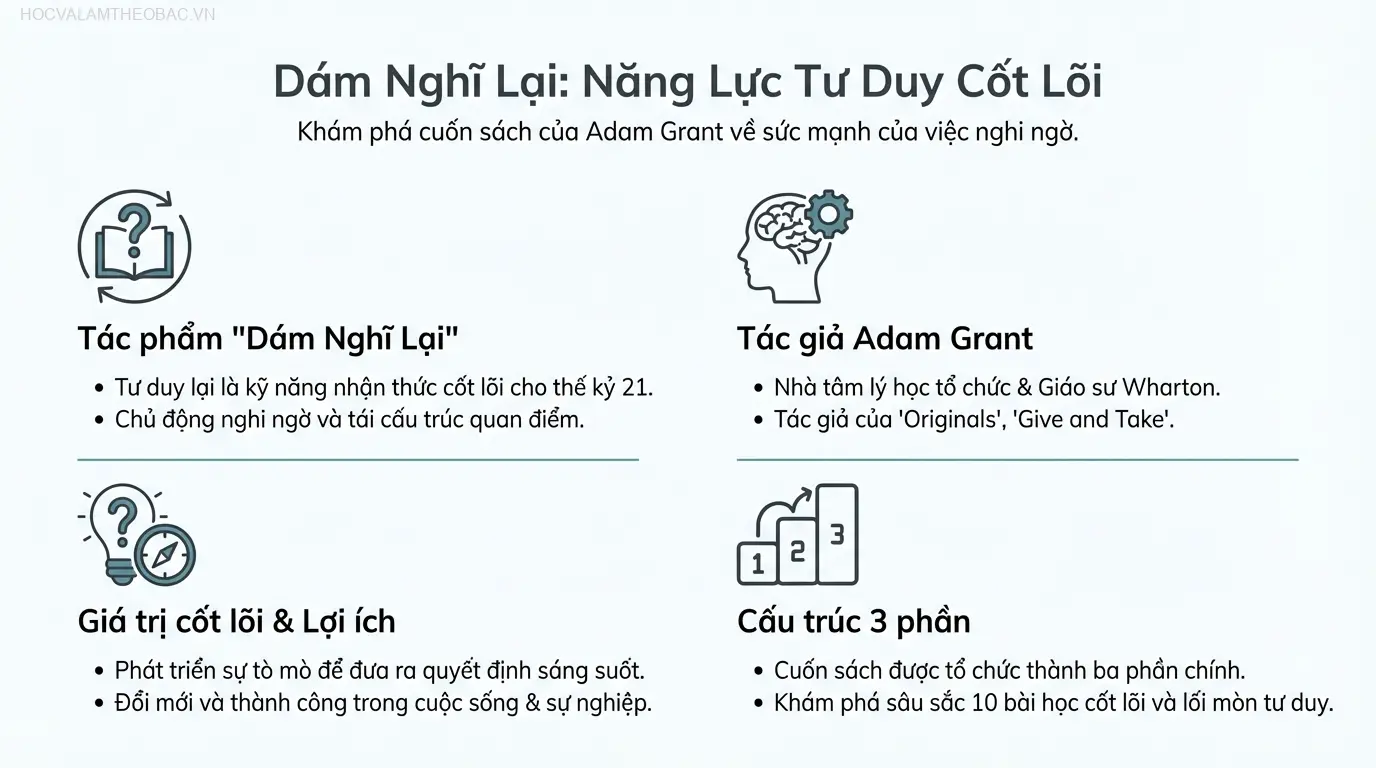 Bìa sách “Dám Nghĩ Lại” (Think Again) của tác giả Adam Grant, một tác phẩm khám phá sức mạnh của việc xem xét lại niềm tin.