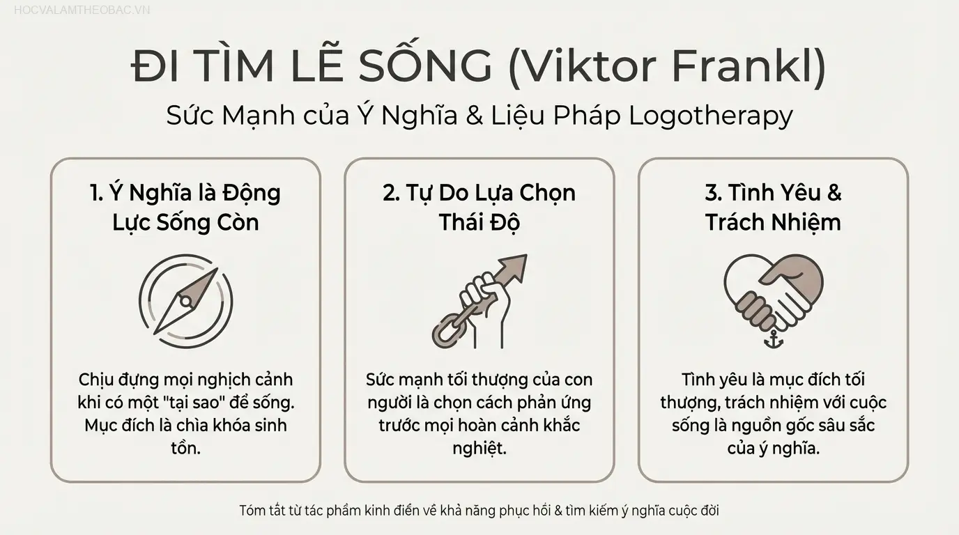 Bìa sách “Đi Tìm Lẽ Sống” của Viktor Frankl, một tác phẩm kinh điển về khả năng phục hồi của con người và liệu pháp ý nghĩa (Logotherapy).