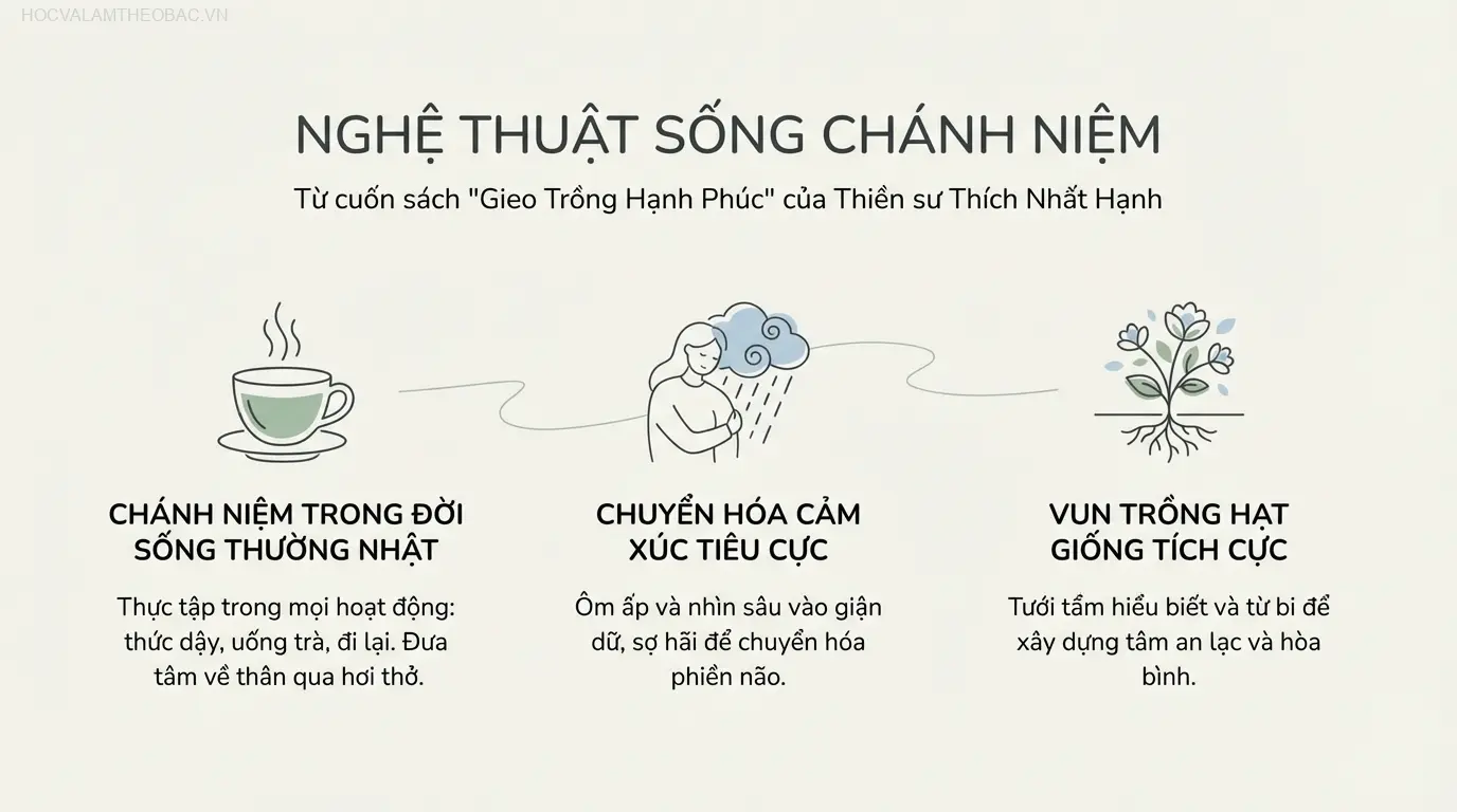 Bìa sách “Gieo Trồng Hạnh Phúc” của Thiền sư Thích Nhất Hạnh, một cuốn cẩm nang về nghệ thuật sống chánh niệm.