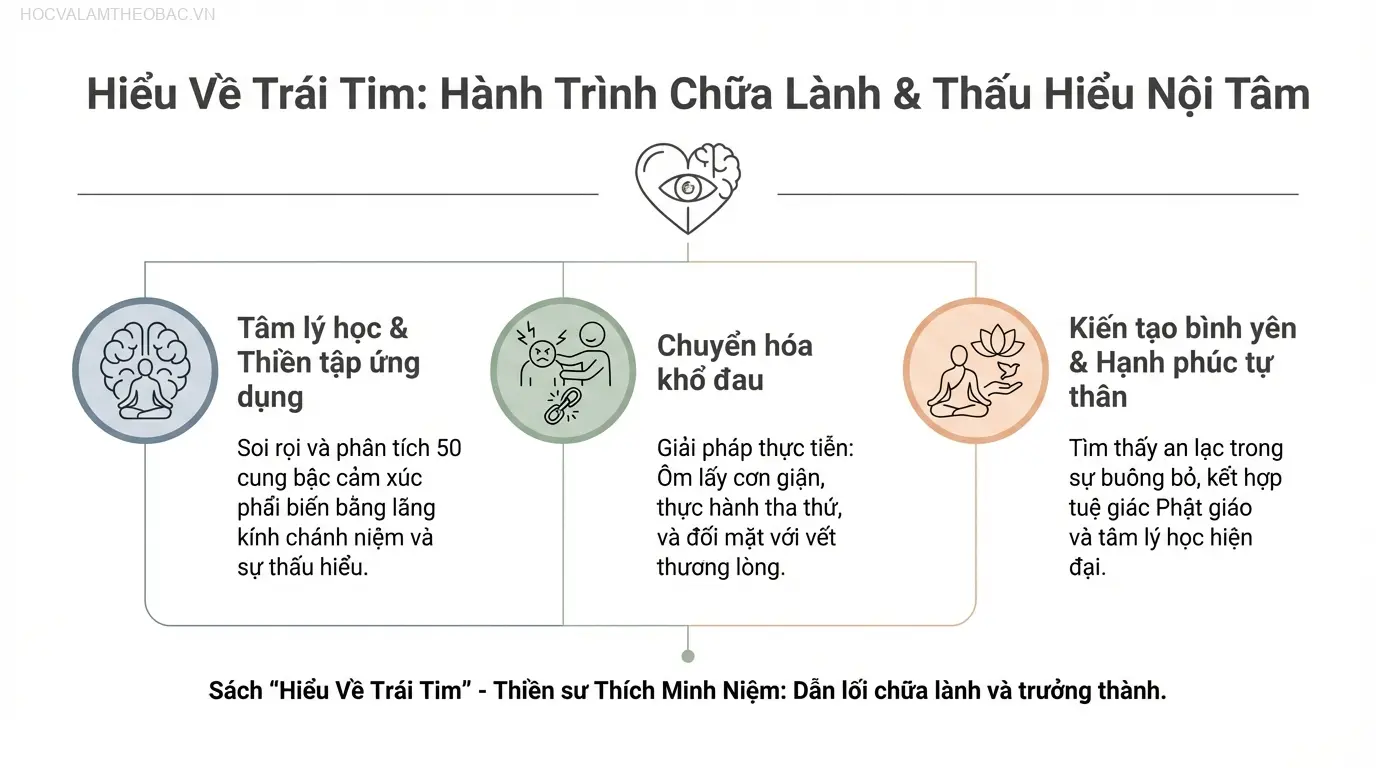 Bìa sách “Hiểu Về Trái Tim” của Thiền sư Thích Minh Niệm, một tác phẩm dẫn lối trên hành trình chữa lành và thấu hiểu nội tâm.