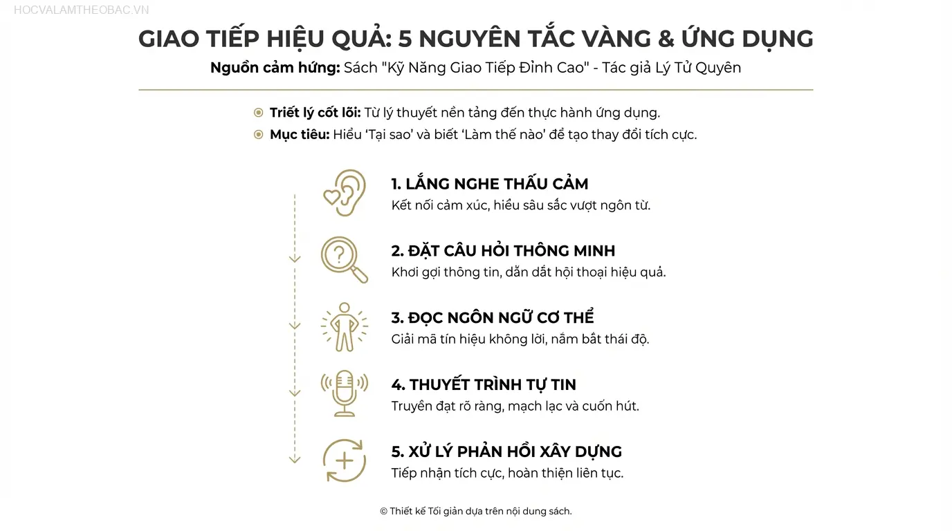 Bìa sách “Kỹ Năng Giao Tiếp Đỉnh Cao” với thiết kế tối giản và hiện đại, thể hiện sự tập trung vào nội dung cốt lõi và thực tiễn.