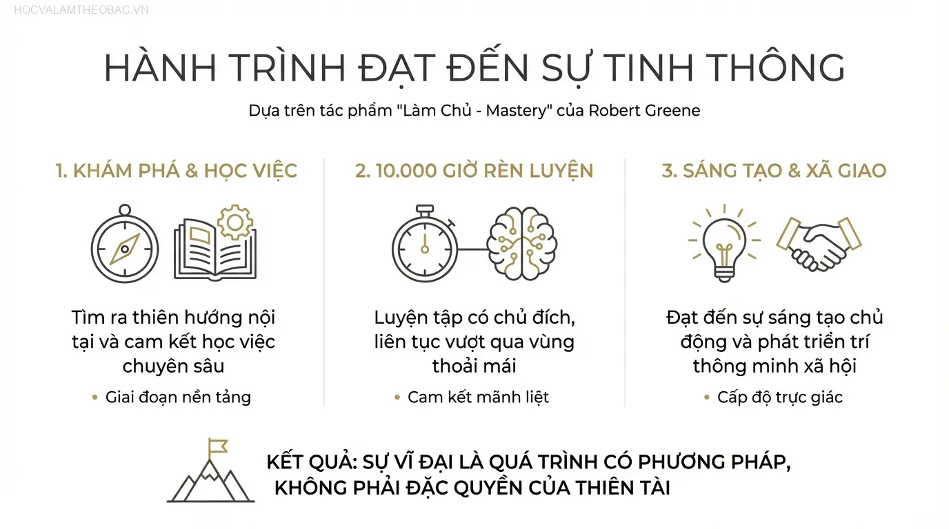 Bìa sách “Làm Chủ – Mastery” của Robert Greene, một kim chỉ nam cho hành trình đạt đến đỉnh cao chuyên môn.