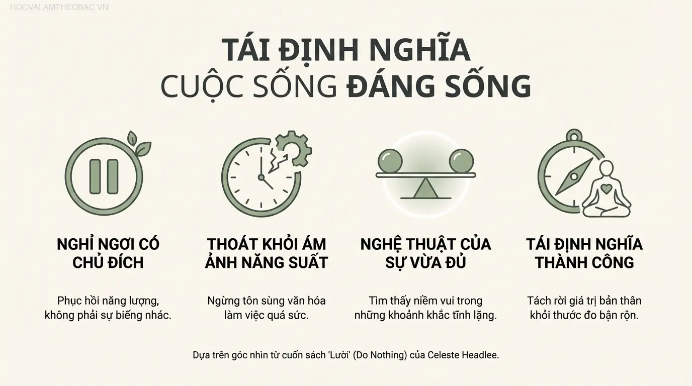 Bìa sách “Lười – Một Lần Lười Bằng Mười Thang Thuốc Bổ”, một lời phản biện sâu sắc trước văn hóa tôn sùng sự bận rộn.