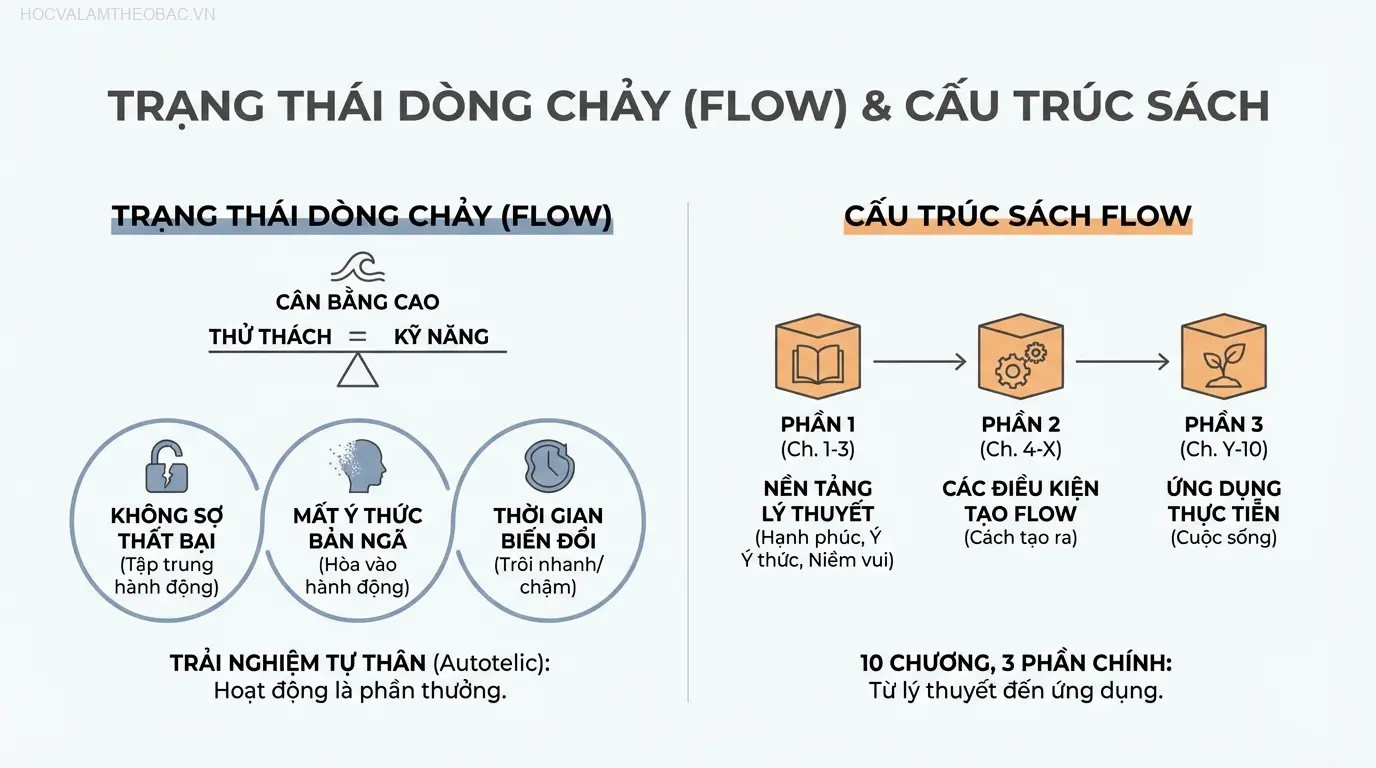 Biểu đồ mô tả trạng thái Dòng chảy (Flow) đạt được khi mức độ thử thách và kỹ năng của một người ở trạng thái cân bằng cao.