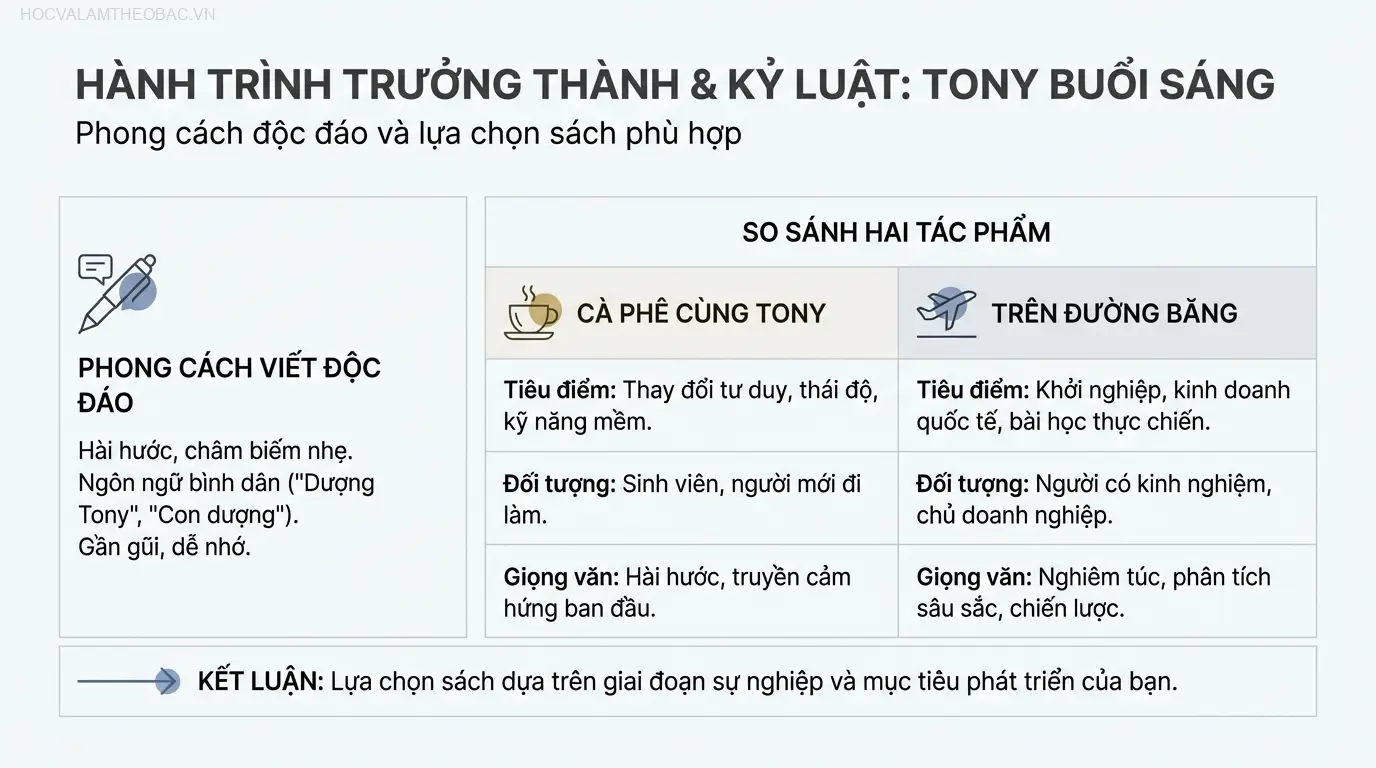 Cả “Cà Phê Cùng Tony” và “Trên Đường Băng” đều là những tác phẩm của Tony Buổi Sáng nhưng hướng đến các đối tượng và giai đoạn sự nghiệp khác nhau.