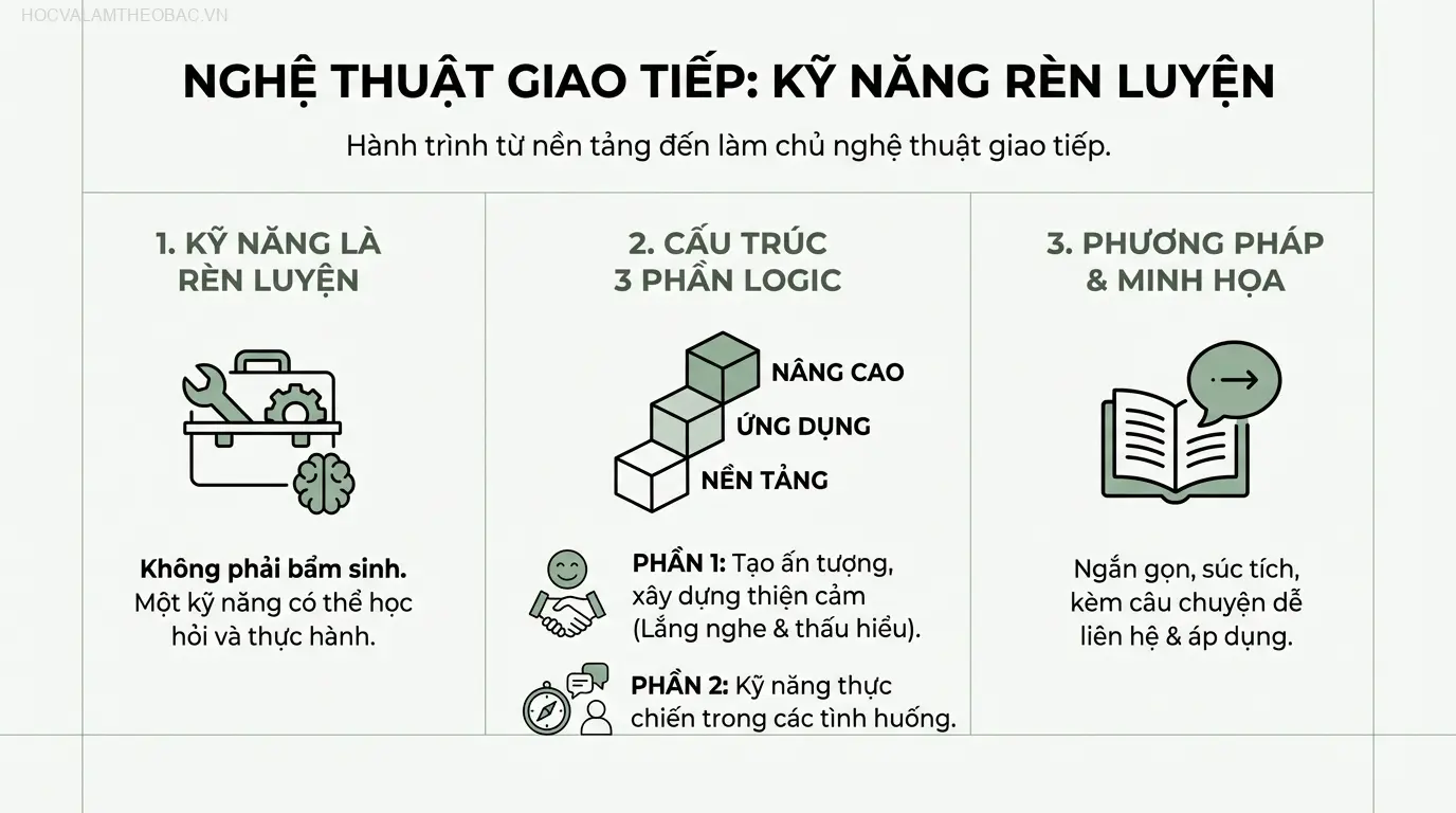 Cấu trúc 3 phần của sách dẫn dắt người đọc từ kỹ năng nền tảng đến nghệ thuật giao tiếp nâng cao.