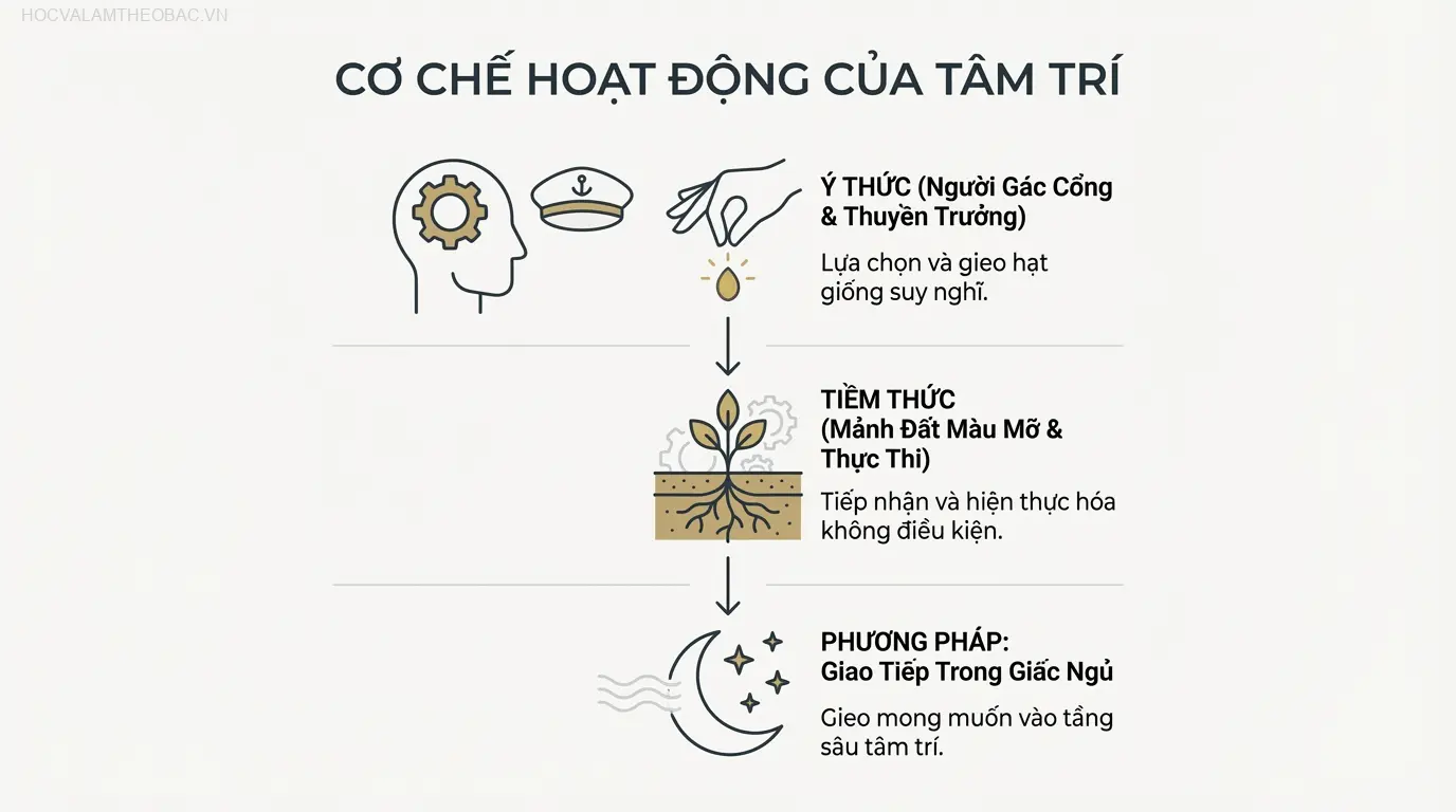 Cơ chế hoạt động của tâm trí theo Joseph Murphy: Ý thức lựa chọn hạt giống suy nghĩ và gieo vào mảnh đất màu mỡ của tiềm thức.