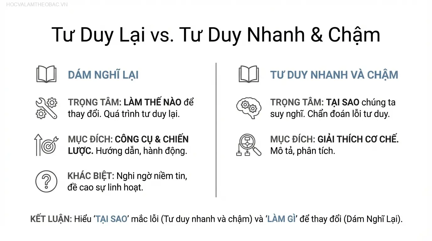 “Dám Nghĩ Lại” tập trung vào ‘làm thế nào’ để thay đổi tư duy, trong khi “Tư duy nhanh và chậm” giải thích ‘tại sao’ chúng ta lại suy nghĩ theo cách cố hữu.