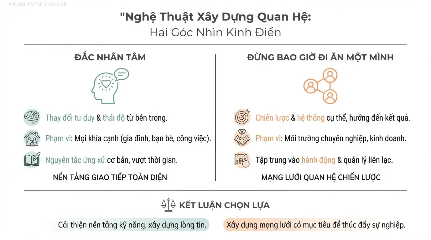 Hai cuốn sách kinh điển về quan hệ con người: “Đắc Nhân Tâm” đặt nền móng cho giao tiếp, trong khi “Đừng Bao Giờ Đi Ăn Một Mình” chuyên sâu về xây dựng mạng lưới chiến lược.