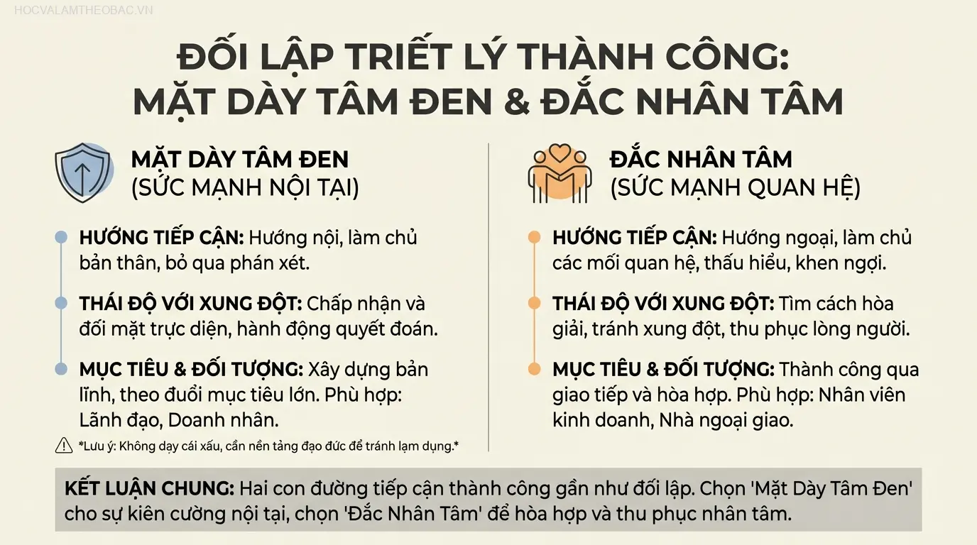 Hai triết lý tiếp cận thành công từ hai hướng gần như đối lập: sức mạnh nội tại (Mặt Dày Tâm Đen) và sức mạnh từ mối quan hệ (Đắc Nhân Tâm).
