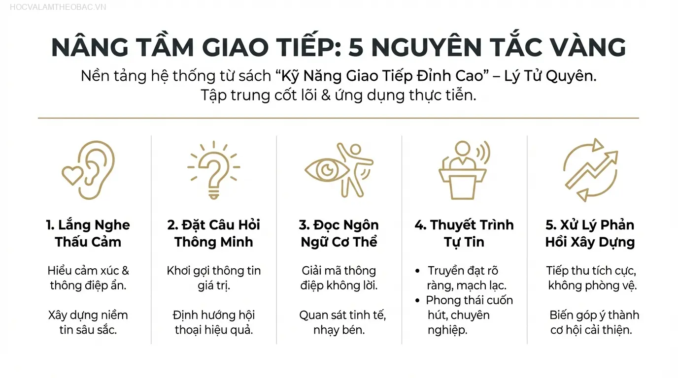 Infographic tóm tắt 5 nguyên tắc giao tiếp vàng được trình bày trong sách, mỗi nguyên tắc có một biểu tượng riêng để dễ dàng ghi nhớ.
