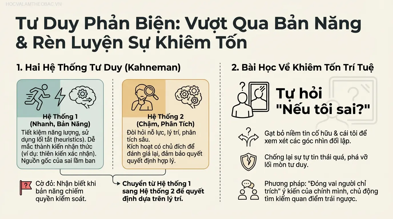 Minh họa Hệ thống tư duy 1 (nhanh, bản năng) và Hệ thống 2 (chậm, phân tích) – một khái niệm cốt lõi để hiểu tại sao suy nghĩ đầu tiên thường sai lầm.