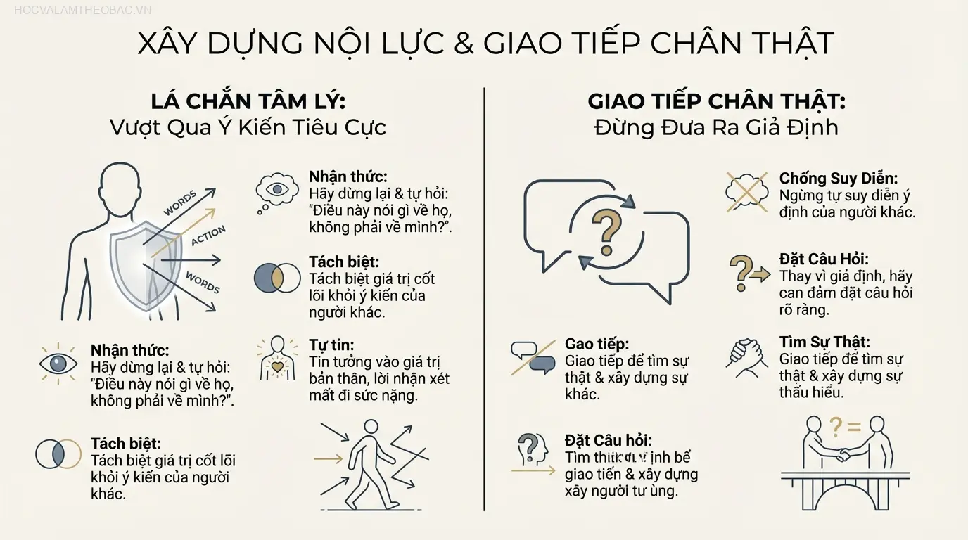 Minh họa một người xây dựng “lá chắn tâm lý”, cho phép những lời chỉ trích đi qua mà không gây tổn thương nội tâm.