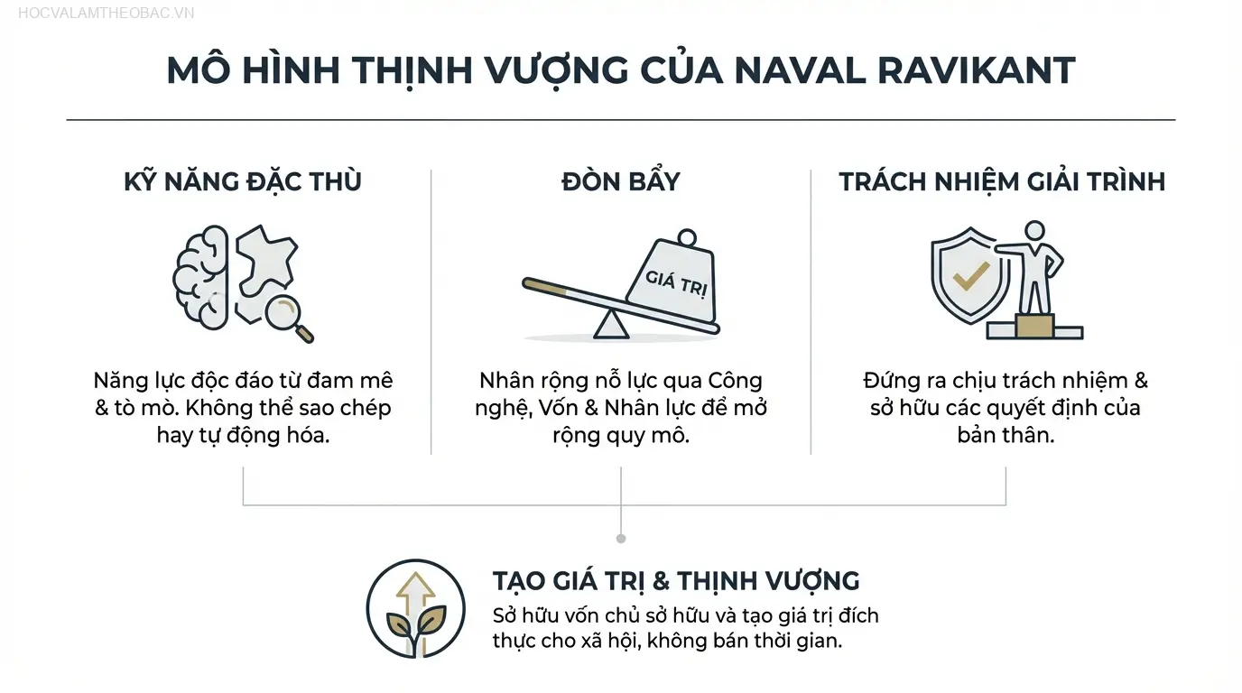 Mô hình Thịnh vượng của Naval Ravikant kết hợp ba yếu tố cốt lõi: Kỹ năng đặc thù, Đòn bẩy và Trách nhiệm giải trình.