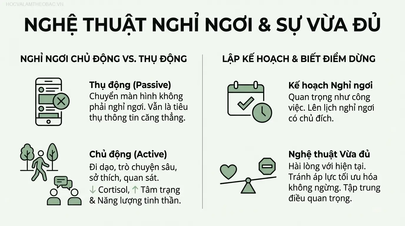Nghỉ ngơi có chủ đích, như đi dạo trong thiên nhiên, giúp phục hồi năng lượng tinh thần hiệu quả hơn nhiều so với việc tiêu thụ nội dung thụ động.