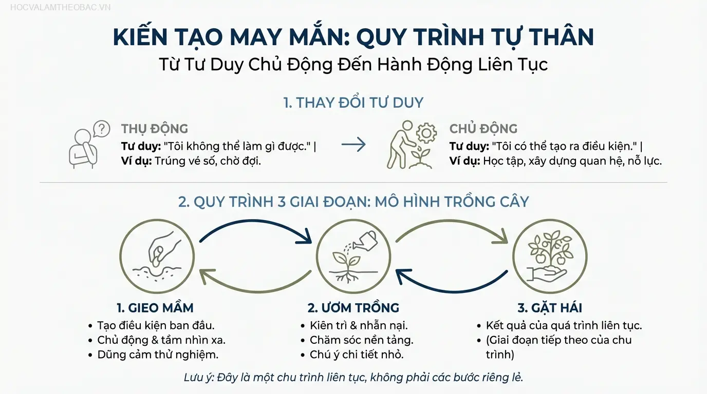Quy trình 3 giai đoạn kiến tạo may mắn: Gieo mầm, Ươm trồng, và Gặt hái.