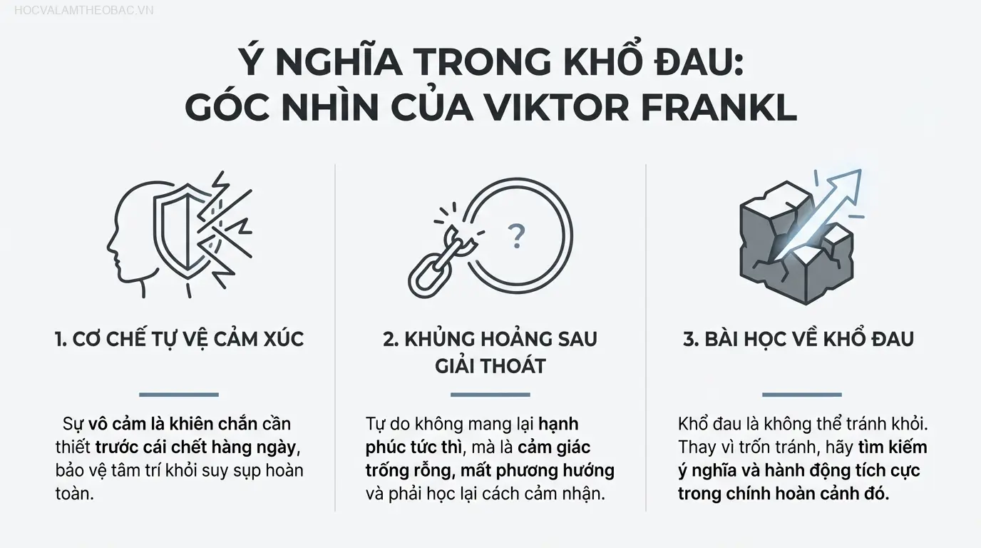 Sơ đồ ba giai đoạn tâm lý mà các tù nhân trải qua, từ cú sốc ban đầu đến sự chai sạn cảm xúc và cuối cùng là khủng hoảng khi được giải thoát.