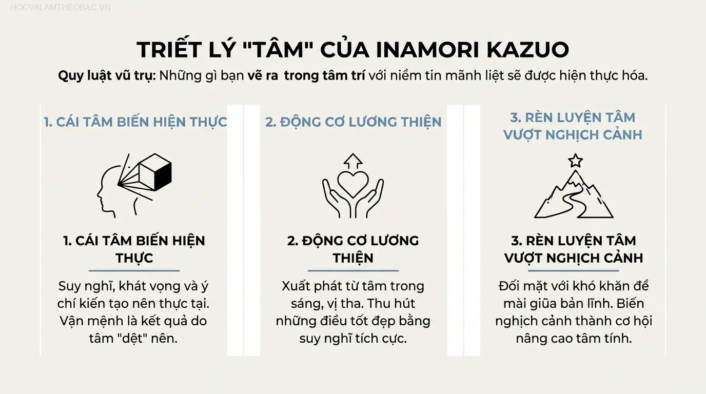 Sơ đồ hóa 3 thông điệp cốt lõi trong sách ‘Tâm’: Cái Tâm Biến Hiện Thực, Động Cơ Lương Thiện, và Rèn Luyện Tâm Vượt Nghịch Cảnh.