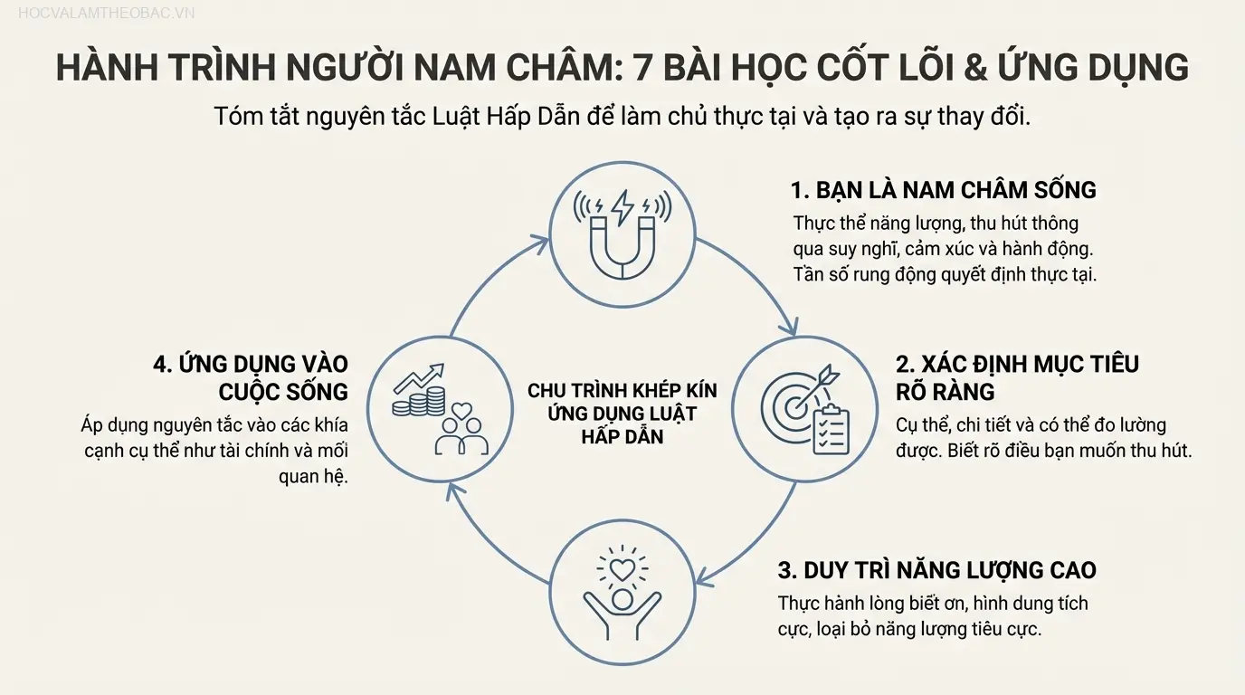 Sơ đồ tóm tắt 7 bài học cốt lõi từ sách Người Nam Châm, tạo thành một chu trình khép kín để ứng dụng Luật Hấp Dẫn.
