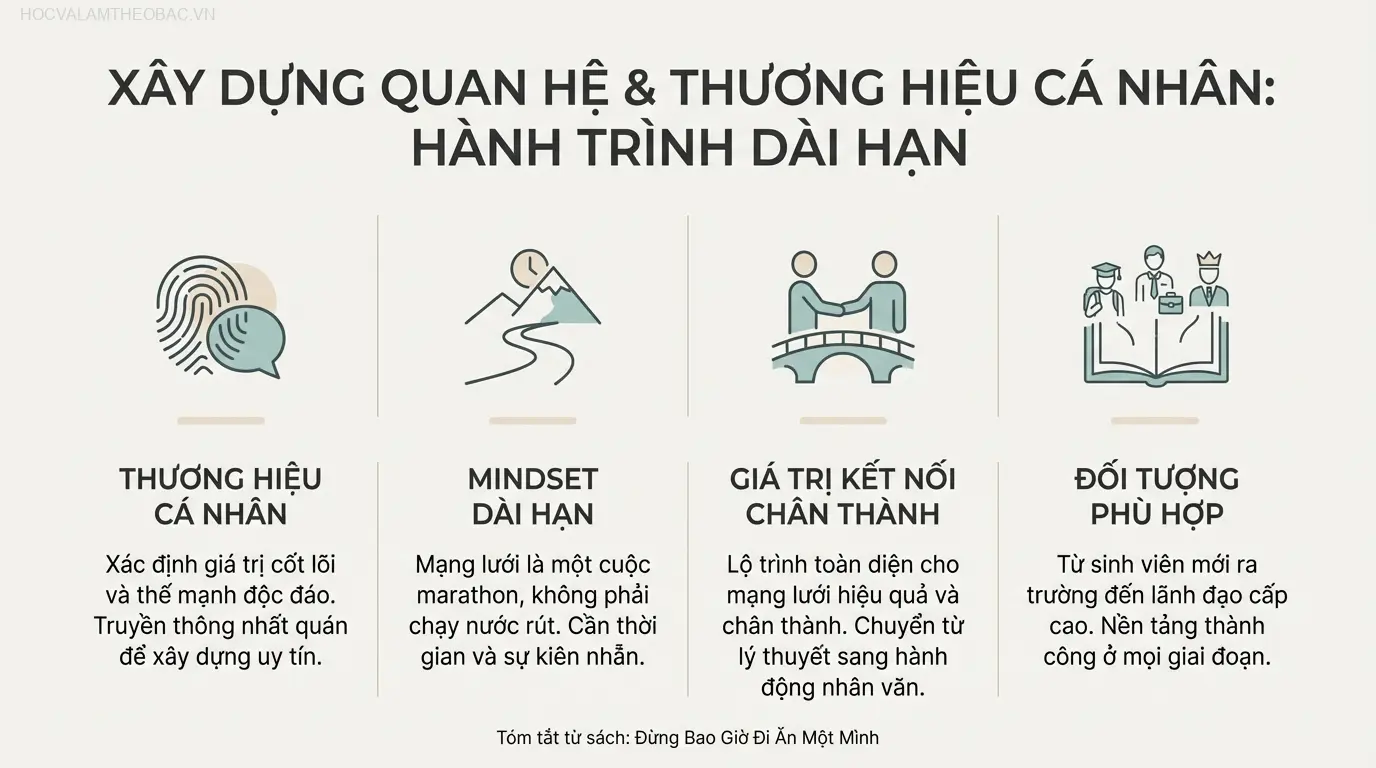 Sơ đồ tóm tắt 9 bài học đắt giá từ sách, cung cấp một lộ trình toàn diện để xây dựng mạng lưới quan hệ hiệu quả và chân thành.