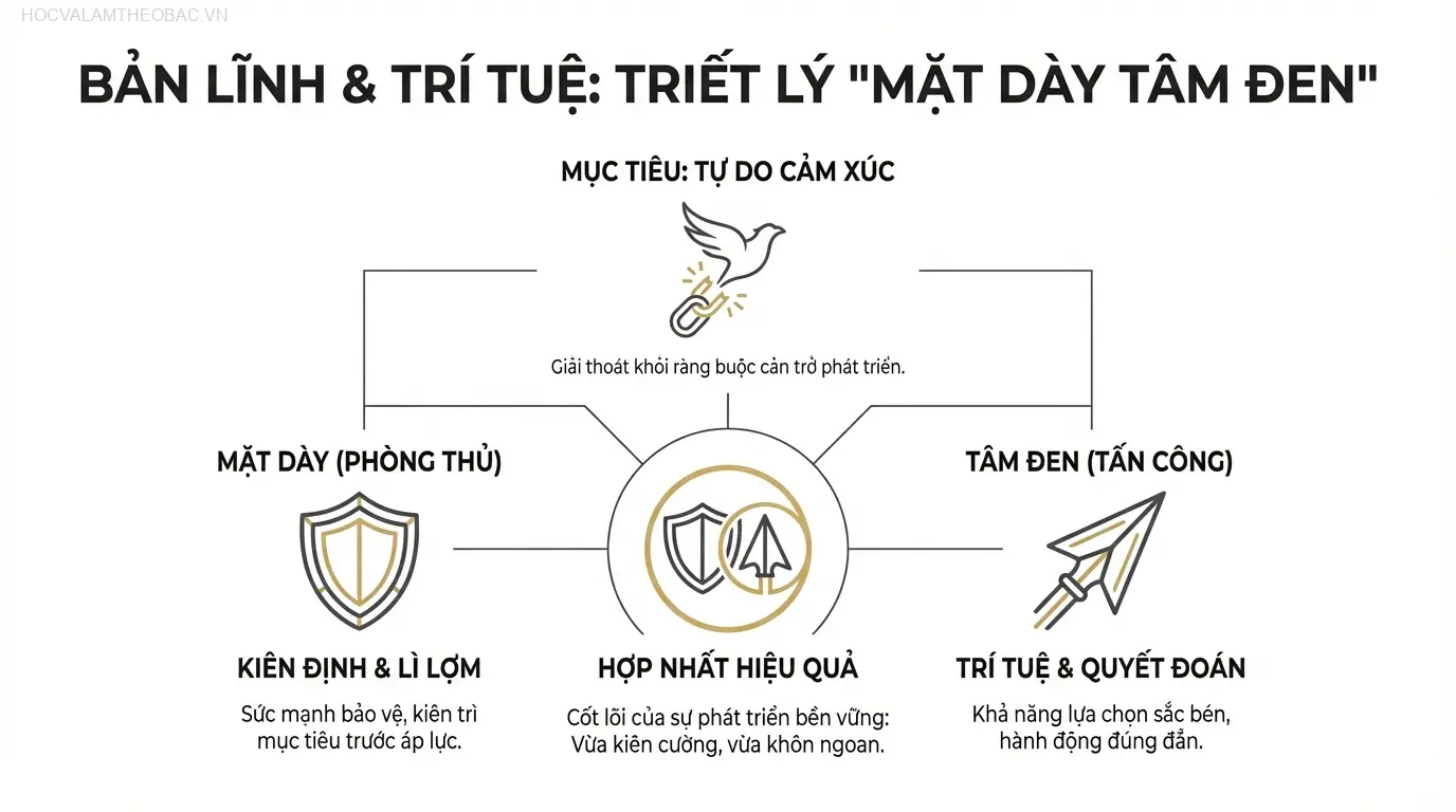 Sự hợp nhất giữa “Mặt Dày” (sức mạnh phòng thủ) và “Tâm Đen” (khả năng tấn công quyết đoán) là cốt lõi của triết lý.