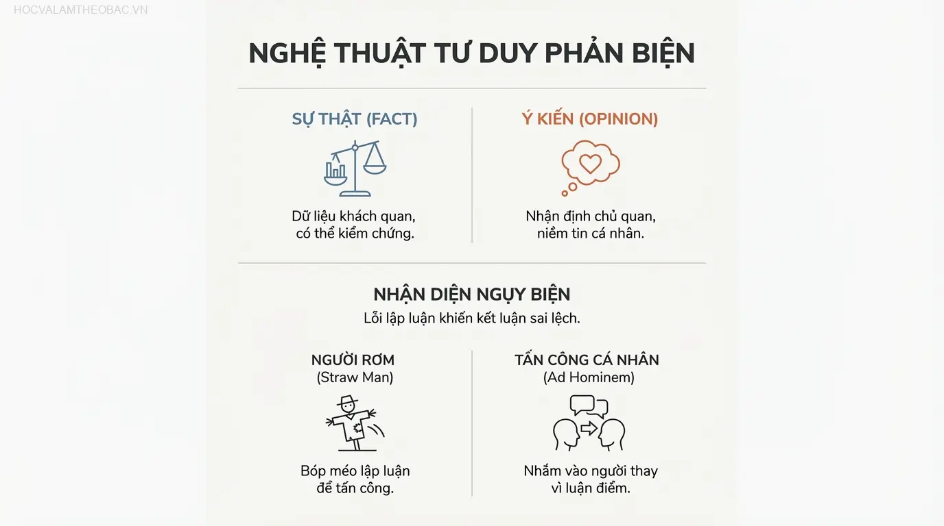 Sự khác biệt căn bản giữa Sự thật (Fact) – có thể kiểm chứng bằng bằng chứng – và Ý kiến (Opinion) – mang tính chủ quan.