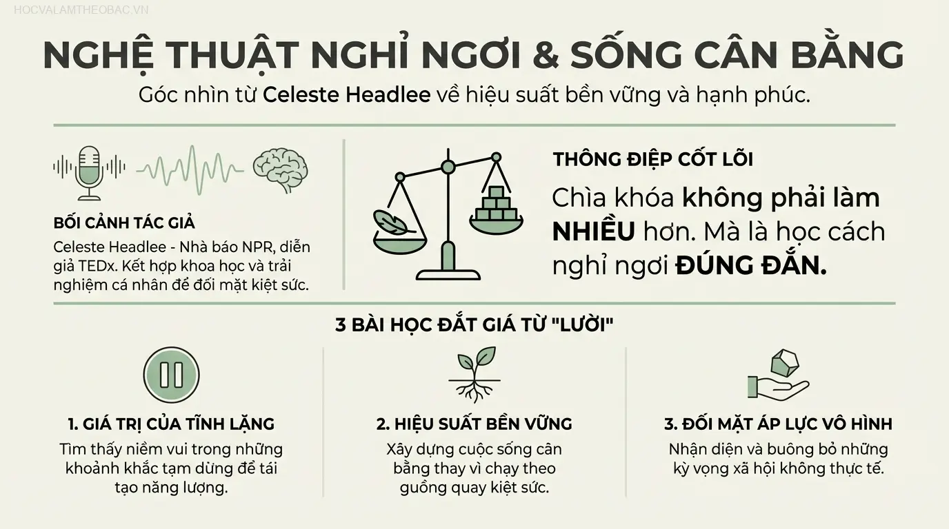 Tác giả Celeste Headlee, nhà báo kỳ cựu với những phân tích sâu sắc về tương tác xã hội và hiệu suất làm việc bền vững.