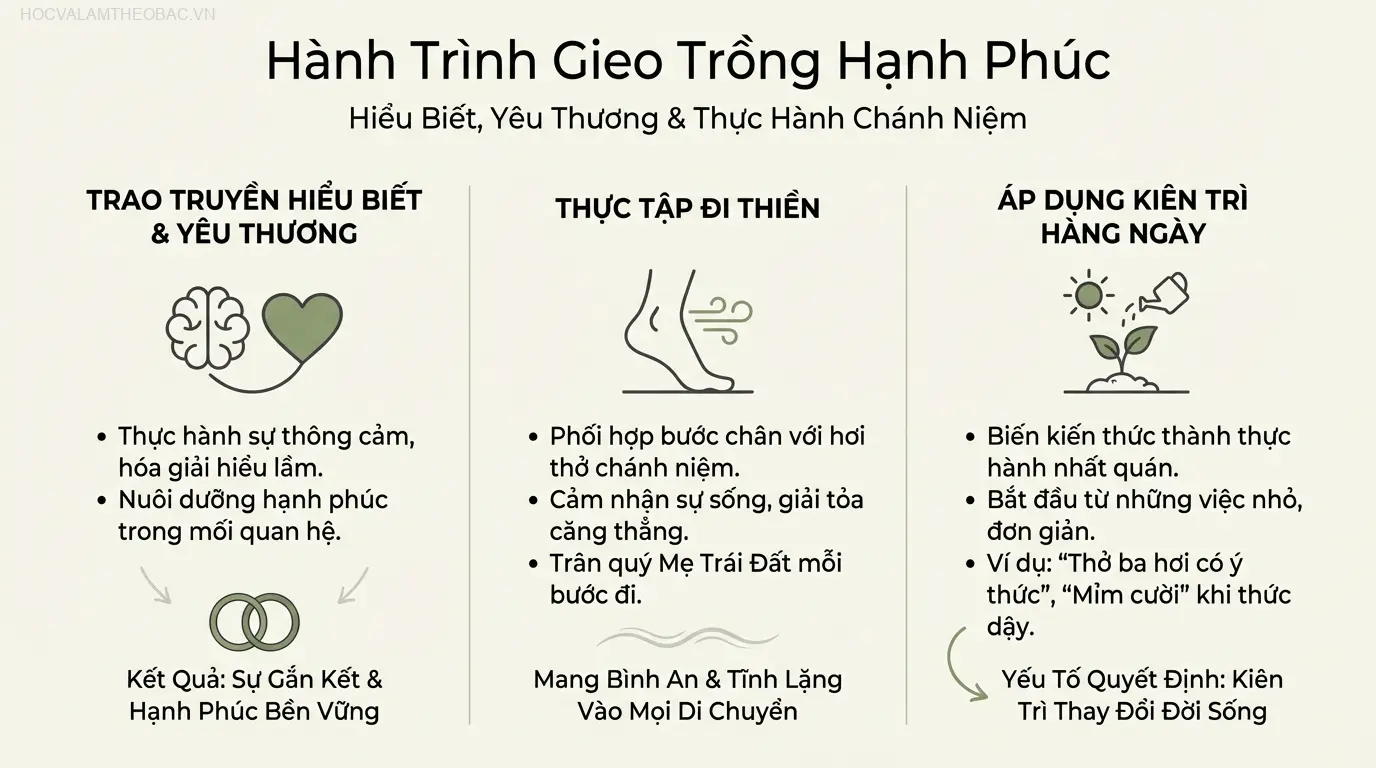 Thiền hành (đi thiền) là một trong những bài thực tập quan trọng, biến mỗi bước chân thành một hành động vun trồng bình an.