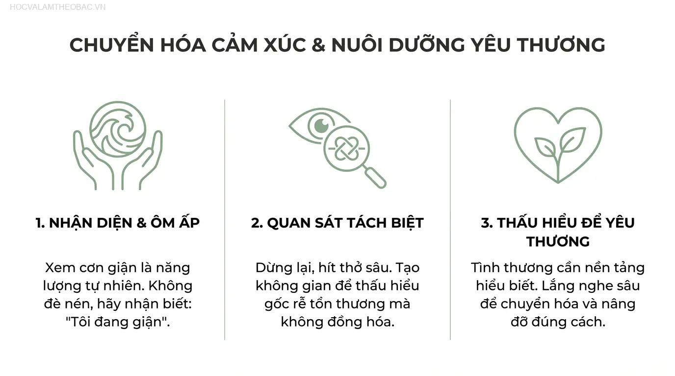 Thực hành chánh niệm giúp chúng ta ôm ấp và chuyển hóa năng lượng của cơn giận thay vì bị nó cuốn trôi.