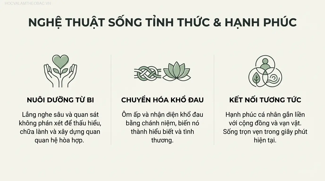 Thực hành chánh niệm giúp ta kết nối với giây phút hiện tại, hạt giống cốt lõi của hạnh phúc được đề cập trong sách.