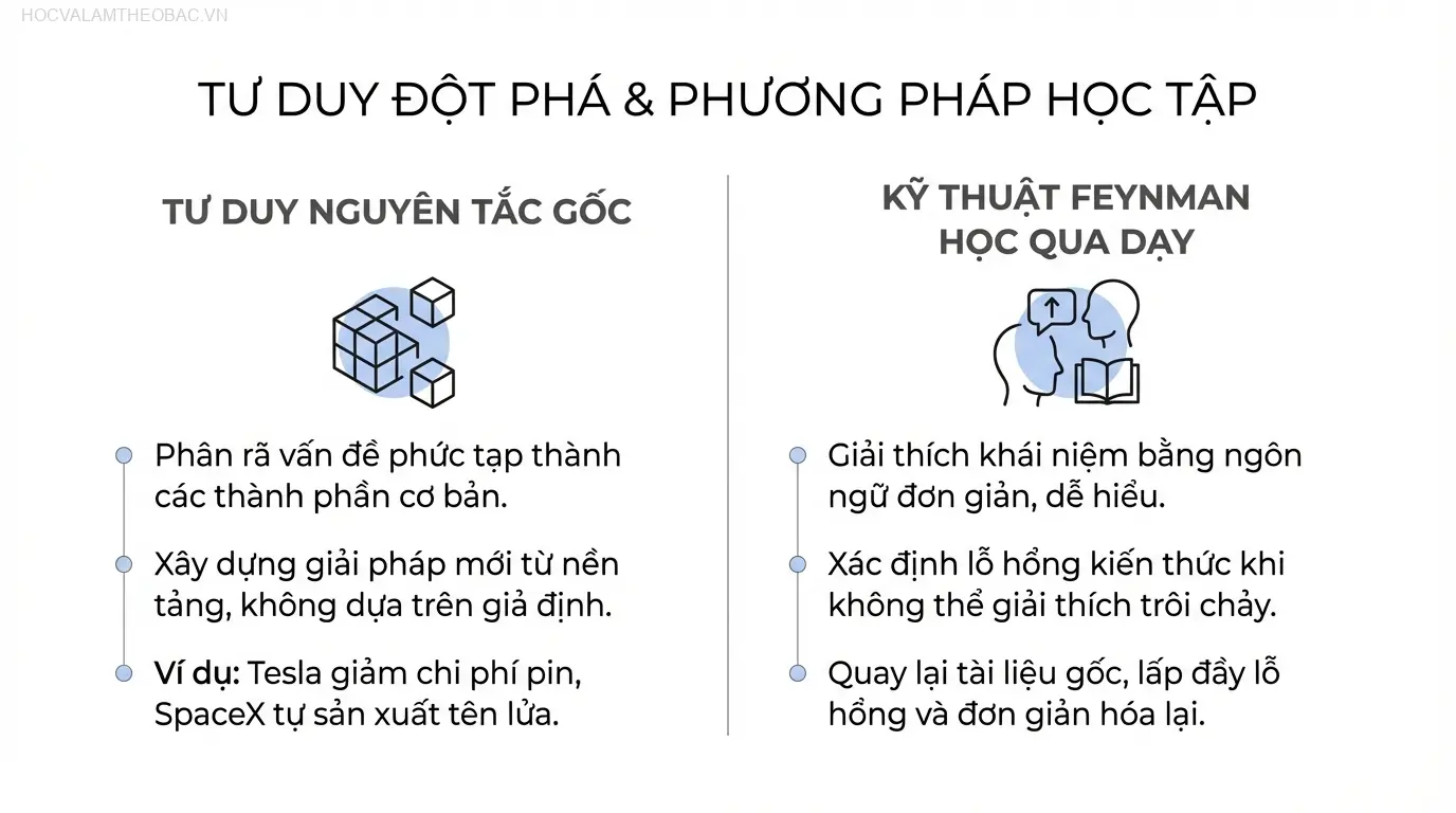 Tư duy Nguyên tắc gốc giúp phân rã vấn đề phức tạp thành các thành phần cơ bản, từ đó xây dựng giải pháp tối ưu từ nền tảng.