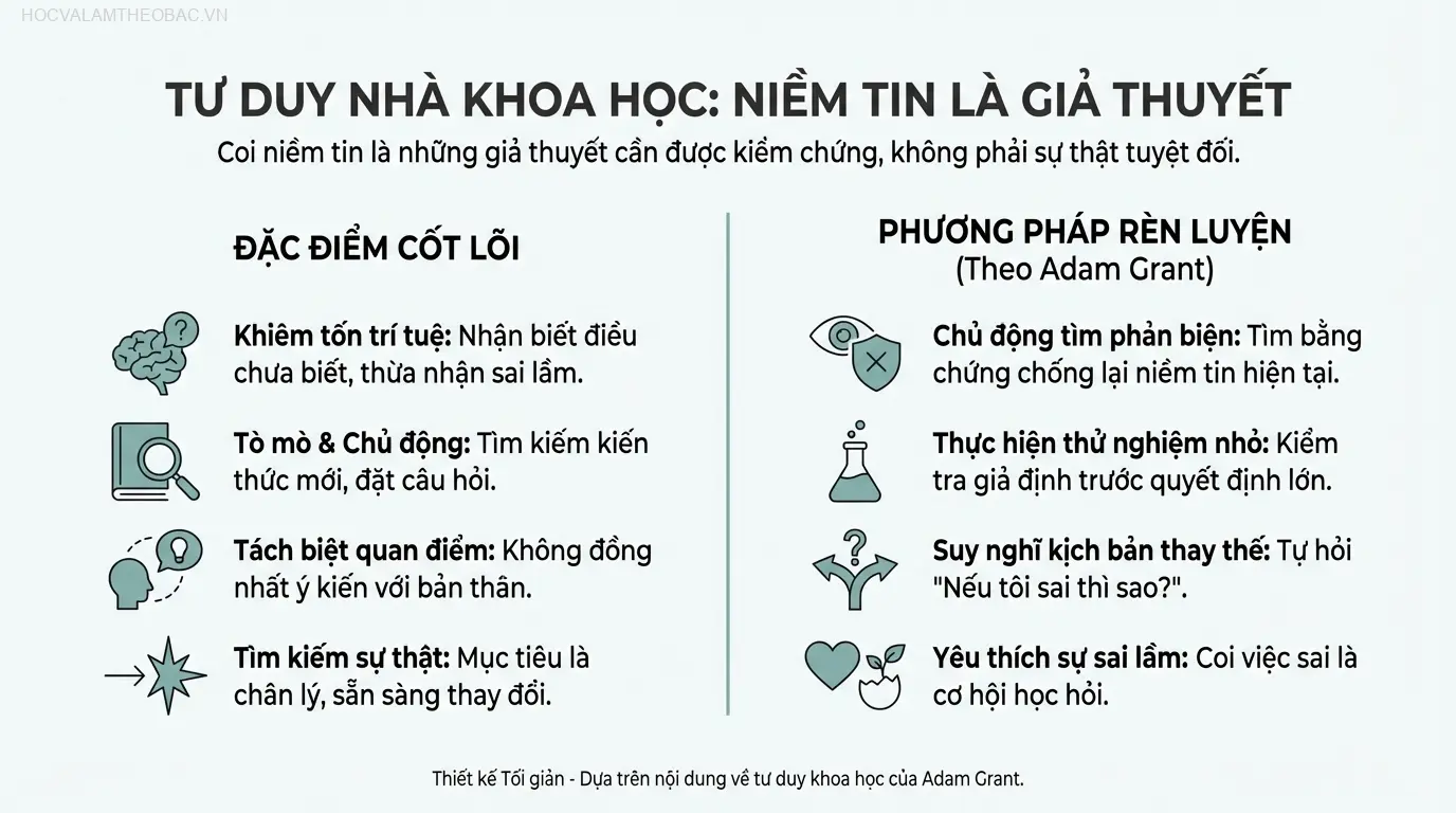 Tư duy nhà khoa học coi niềm tin là giả thuyết cần kiểm chứng, đề cao sự khiêm tốn, tò mò và tìm kiếm sự thật.