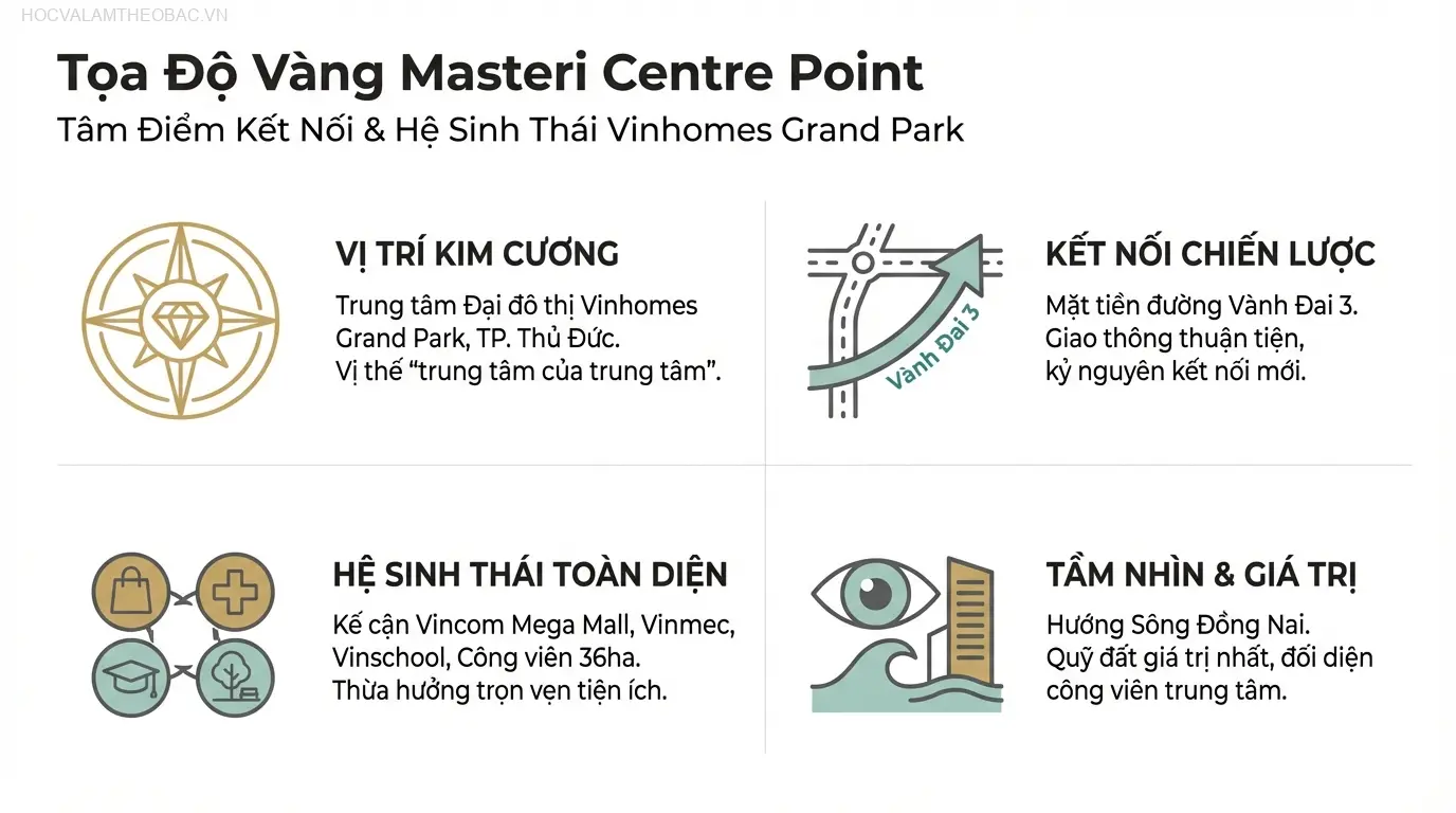 Vị trí “trung tâm của trung tâm” của Masteri Centre Point, hưởng trọn hệ sinh thái tiện ích của đại đô thị Vinhomes Grand Park.